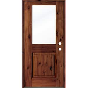 32 in. x 80 in. Rustic Knotty Alder Wood Clear Glass Half-Lite Red Chestnut Stain Left Hand Single Prehung Front Door