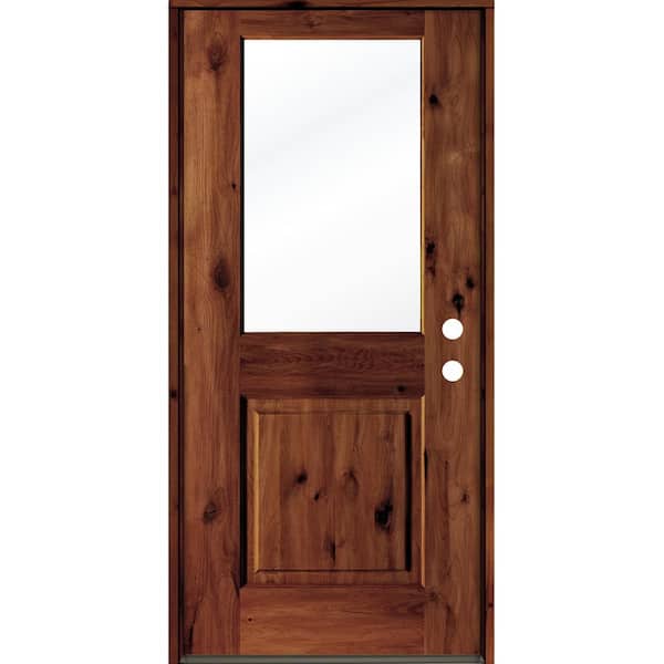 Krosswood Doors 36 in. x 80 in. Rustic Knotty Alder Wood Clear Glass Half-Lite Red Chestnut Stain Left Hand Single Prehung Front Door