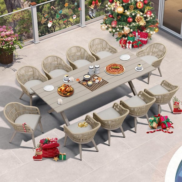 11 Piece Aluminum All-Weather PE Rattan Rectangular Outdoor Dining Set with Cushion, Champagne