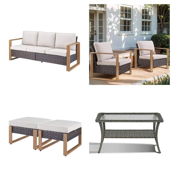 Wicker Patio Set: 3-Seat Sofa, Lounge Chair, 2-Pack Ottoman and Glass Side Table