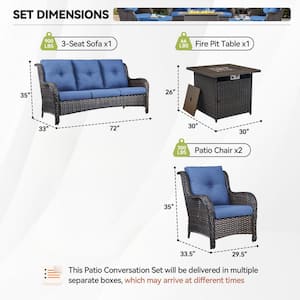 4-Piece Brown Wicker Fire Pit Conversation Set with Olefin Blue Cushions and Curved Arm Couch