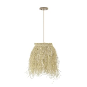 16 in. W x 19 in. H 1-Light Matte White Pendant Light with Natural Rattan Grass Shade