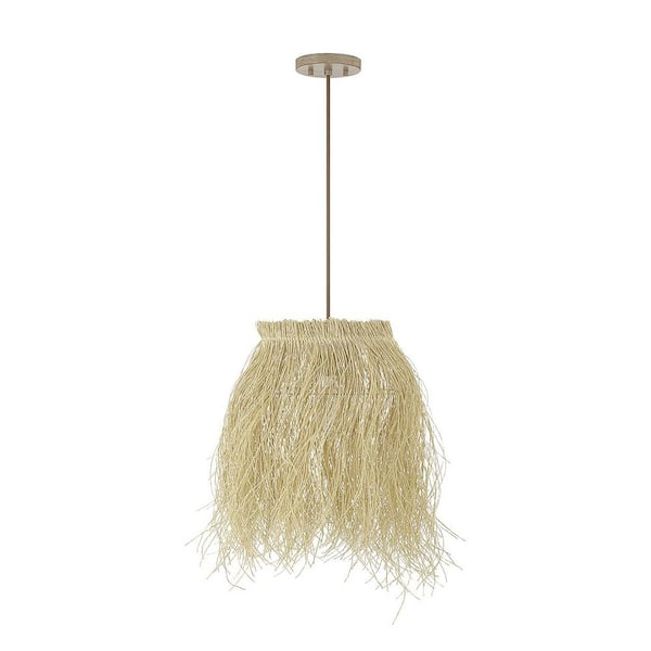 TUXEDO PARK LIGHTING 16 in. W x 19 in. H 1-Light Matte White Pendant Light with Natural Rattan Grass Shade
