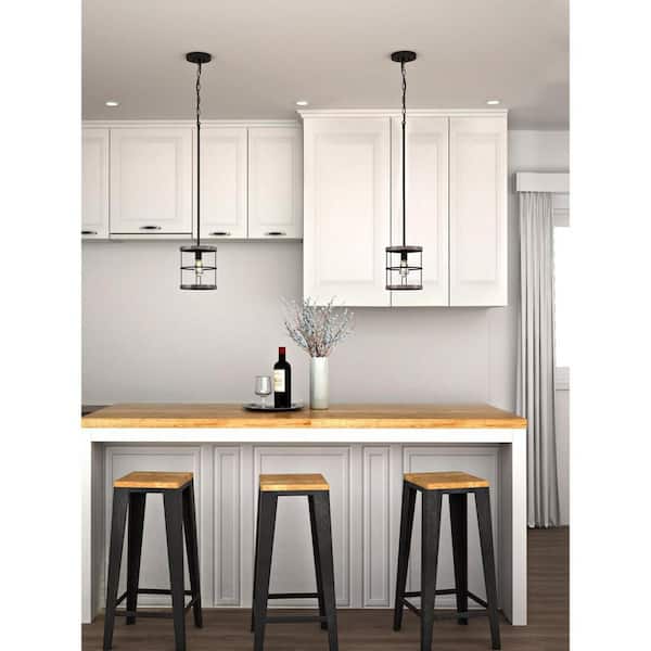 Fairforest 1-Light Matte Black with Aged Oak Accents Mini-Pendant