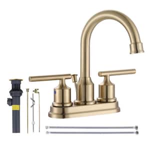 Modern 4 in. Centerset Double-Handle High Arc Bathroom Faucet with Drain Kit Included in Gold