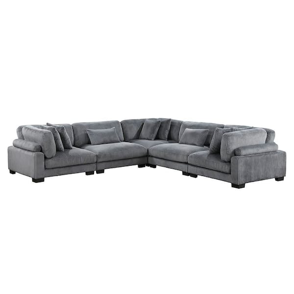 Turbo 135 in. Pillow Top Arm 5-Piece Corduroy Fabric Modular Sectional Sofa in Gray