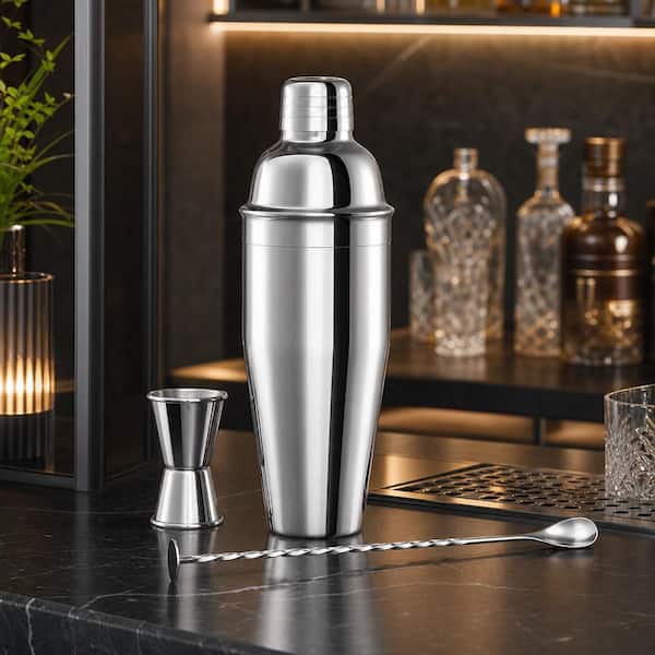 Numhew Silver 3-Piece 24 oz. Stainless Steel Cocktail Shaker Set with Built-in Strainer, Measuring Jigger and Mixing Spoon T2D7W2A8