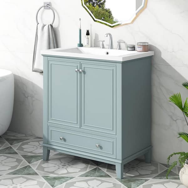 30 in. W x 18 in. D x 34.8 in. H Single Sink Freestanding Bath Vanity in Green with White Ceramic Top