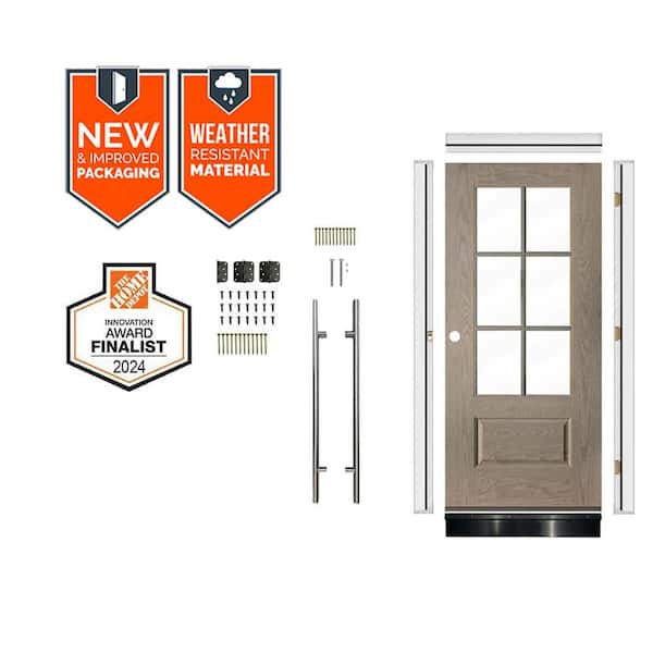 Faux Pivot 36in.x79in. 6-Lite RH Clear Glass OL Stain Fiberglass Assembly Required Front Door Kit w/QuickAssembleJamb