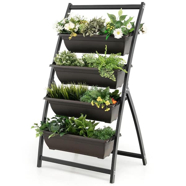 Costway 4 ft. 4-Tier Black Metal Vertical Raised Garden Bed Elevated Planter Box with 4 Container Boxes