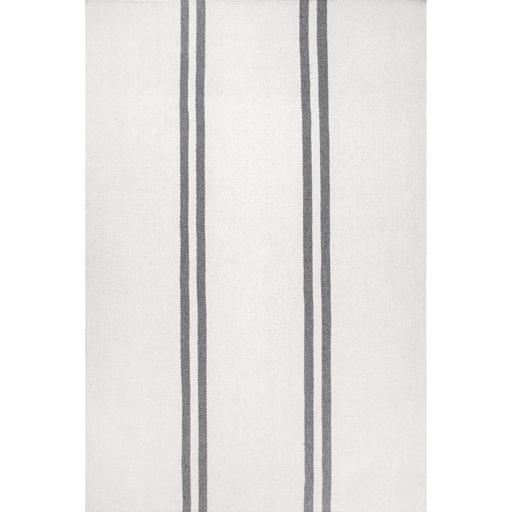 Ivory and Gray Wool Flat Woven Striped 8' x 10' Area Rug