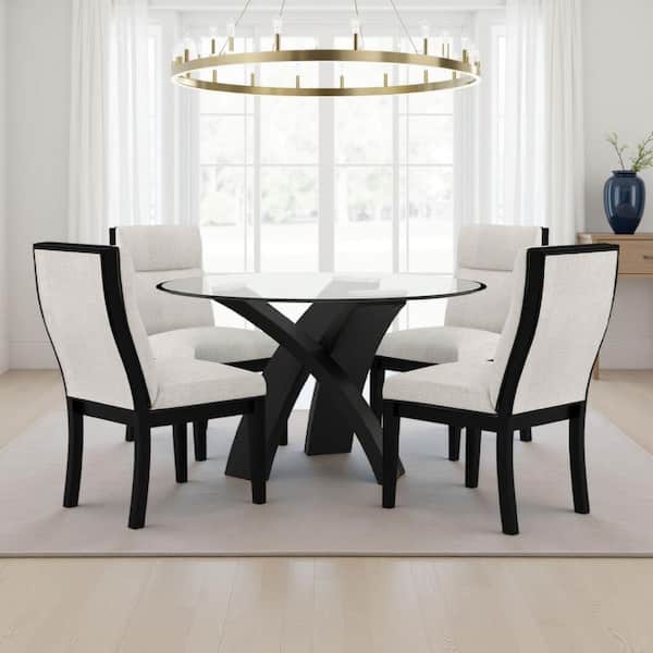 Moi 5-Piece Round Black and White Glass Top 4-Legs Dining Table Set Seats 6