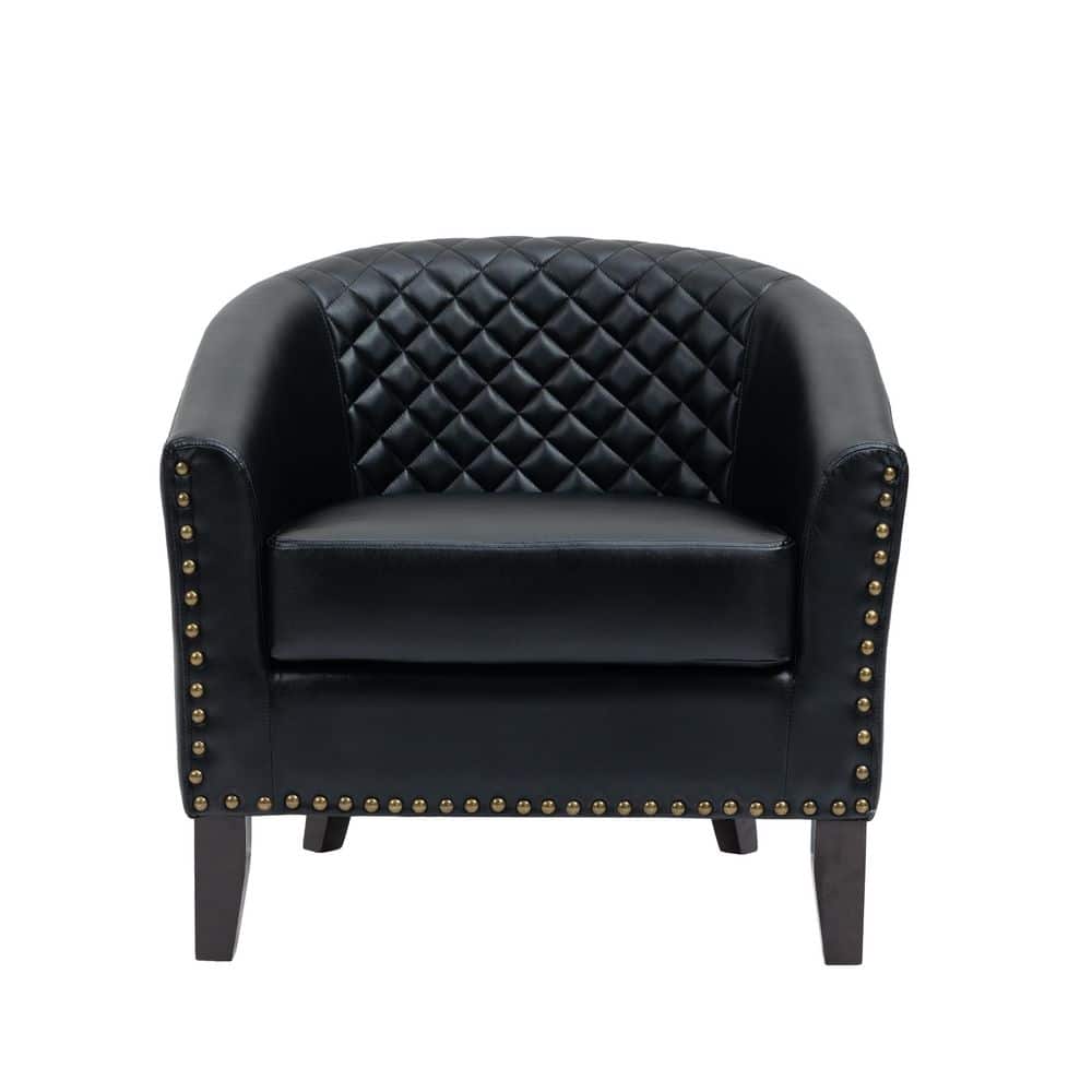 Mid-Century Black PU Leather Nailhead Trim Upholstered Accent Barrel Chair With Solid Wood Legs price history on PriceWatchPro