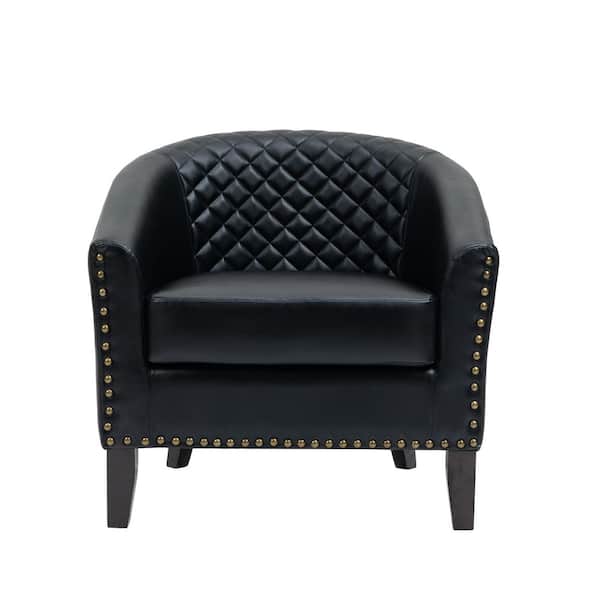 Mid-Century Black PU Leather Nailhead Trim Upholstered Accent Barrel Chair With Solid Wood Legs