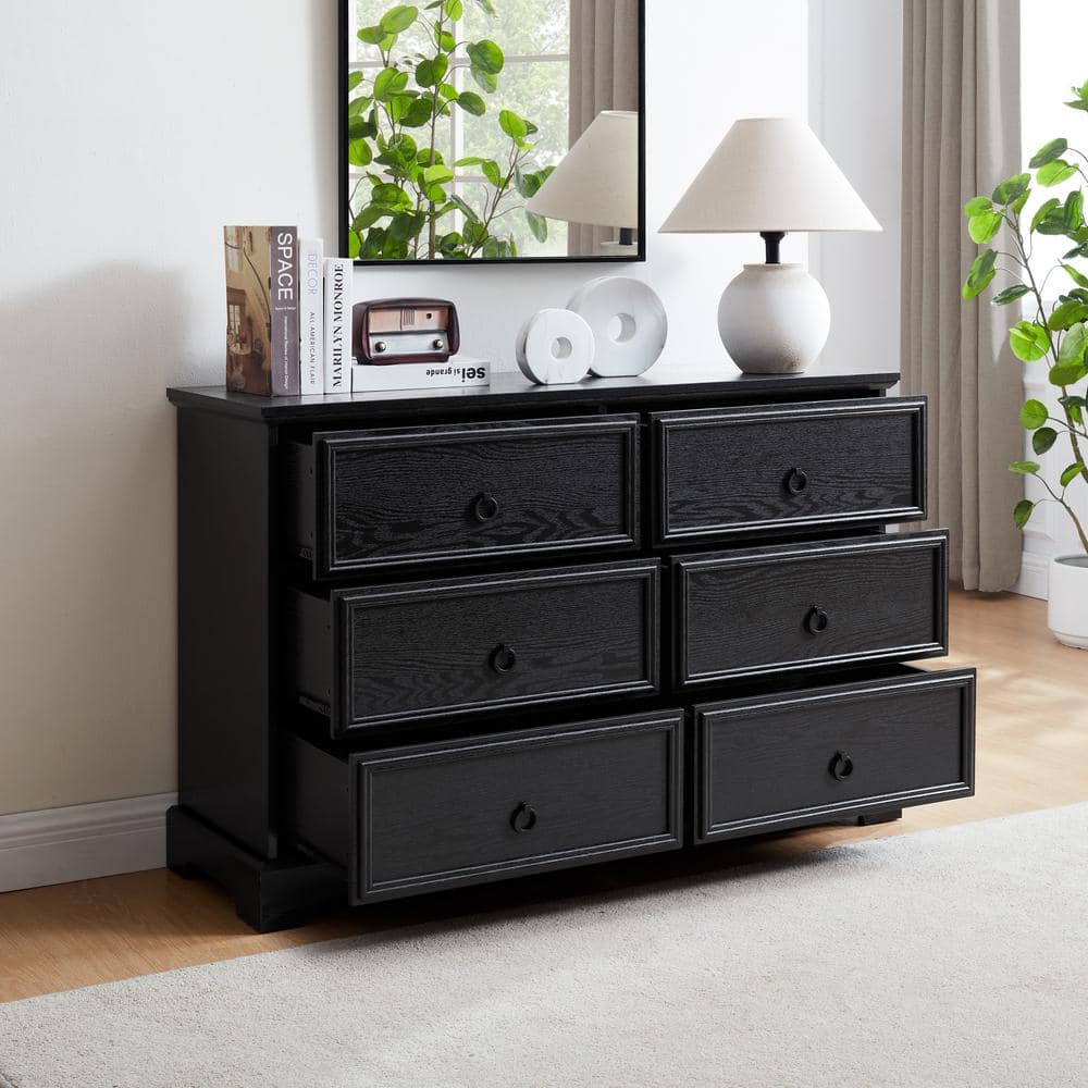 Farmhouse Black 6-Drawer 47.25 in. Wide Chest of Drawers Wood Double Dresse