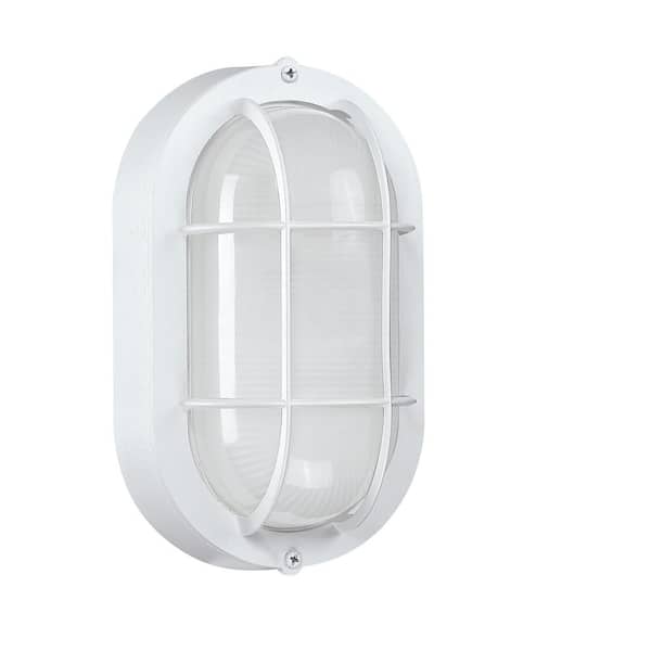 8.5 in. x 5 in. 1-Light Oval Matte White LED Bulkhead Outdoor Wall Sconce Light Fixture With Frosted Glass Shade