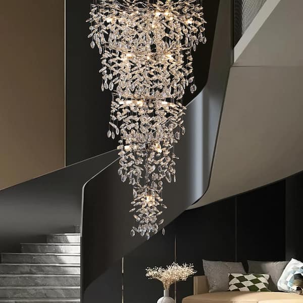 Modern Chandelier 118 in. 28-Lights Crystal Silver Chandelier for Foyer,Staircase, Living room, Multiple Tier Chandelier