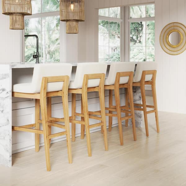 Nathan James Gracie 29 in. Warm Pine Low Back Solid Wood Legs Bar Stool with Cream Boucle Fabric Upholstered Seat, Set of 4
