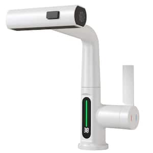 Single Handle Single Hole Pull-Out Lift LED Temperature Digital Display Faucet with 360° Rotatable in White Color