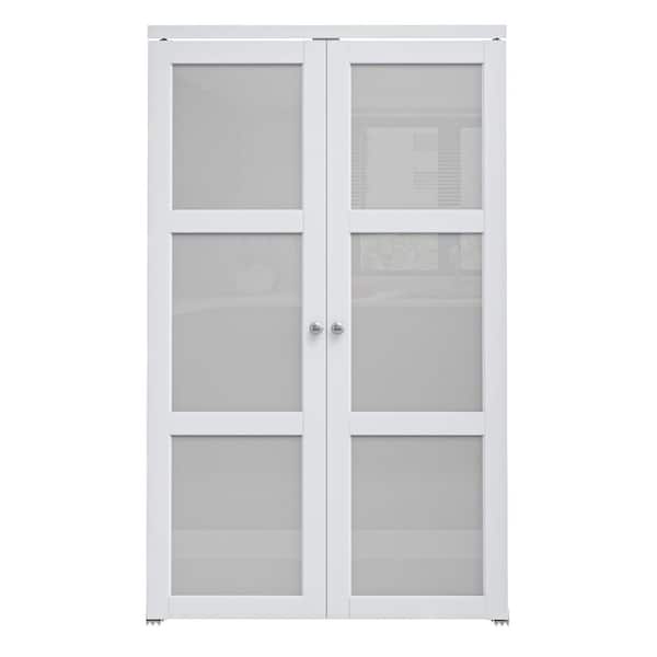 48 in. x 80 in. Frosted Glass Solid Core MDF Closet Bi-Fold Door Plus French Style Pivot Hardware (3-Lite White Finish)