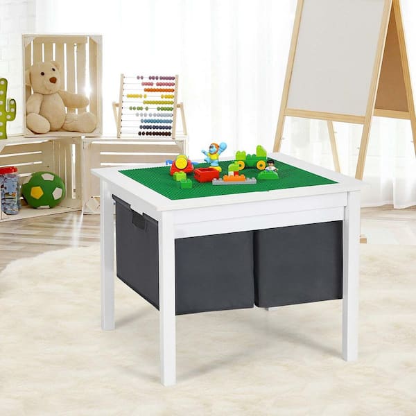 2-in-1 Kids Double-Sided Activity Building Block Table with Storage Drawers White