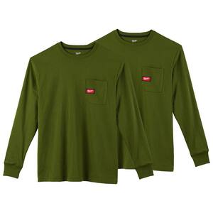 Men's 2X-Large Olive Green Heavy-Duty Cotton/Polyester Long-Sleeve Pocket T-Shirt (2-Pack)