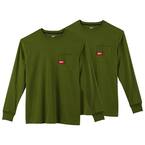 Men's Medium Olive Green Heavy-Duty Cotton/Polyester Long-Sleeve Pocket T-Shirt (2-Pack)
