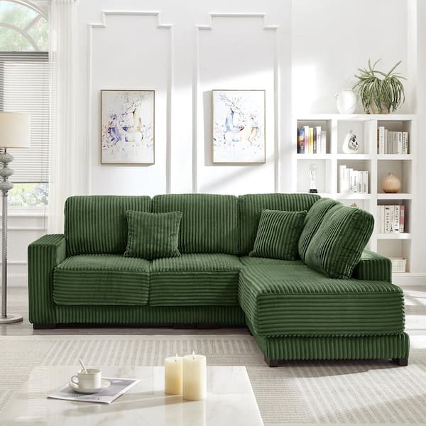 Erlin Modern 93 in. Square Arms Corduroy Upholstered L-Shaped Sectional Sofa in Green with Pillows