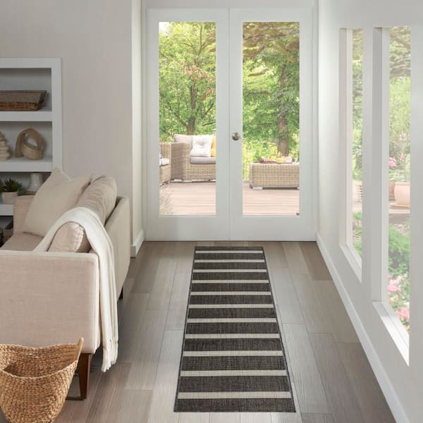 Positano Black Ivory 2 ft. x 10 ft. Stripes Contemporary Runner Area Rug