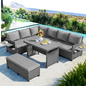 5-Piece Gray Outdoor Patio Rattan Sofa Set with Extendable Side Tables and Dining Table, for Backyard, Poolside, Indoor