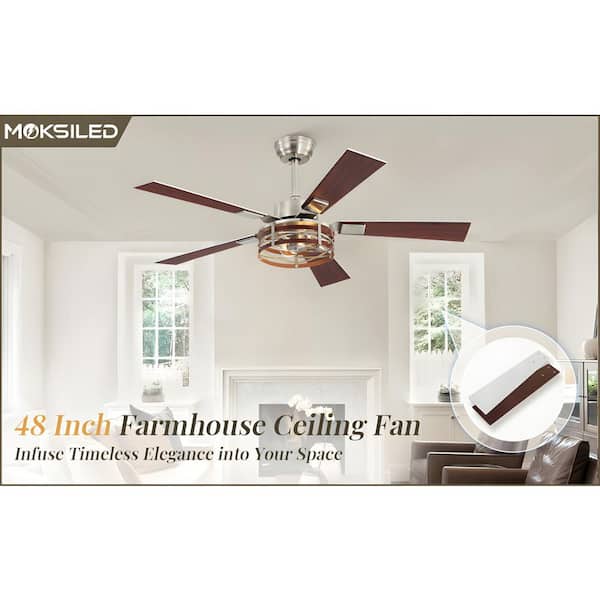 48 in. Nickel Indoor Quiet Downrod Mount Vintage Modern Caged Ceiling Fan with Lights, DC Motor and Remote Control