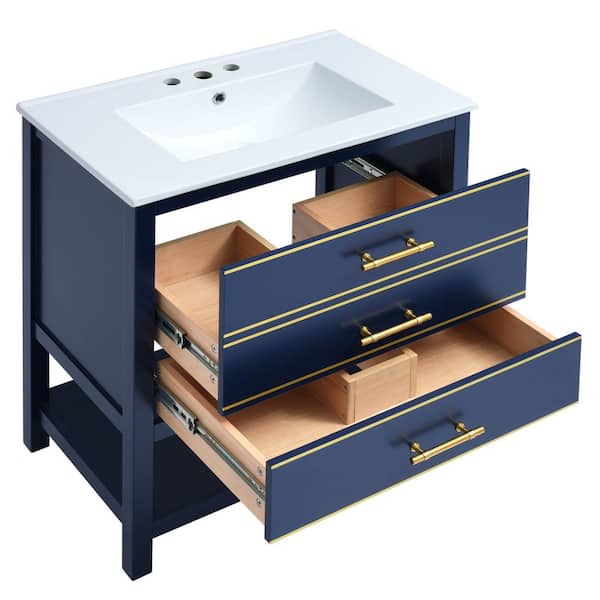 30 in. W x 18 in. D x 34 in. H Single Sink Freestanding Bath Vanity in Blue with White Ceramic Top