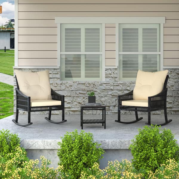 3-Piece Wicker Outdoor Patio Chat Lounge Chair Rattan Set with Beige Cushions and Pillows