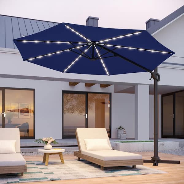JOYESERY 10 ft. LED Cantilever Patio Umbrella, Outdoor Offset Hanging 360 Rotation with Adjustment and Cross Base in Navy Blue JUM-JC12L-LED JOYESERY 10 ft. LED Cantilever Patio Umbrella, Outdoor Offset Hanging 360 Rotation with Adjustment and Cross Base in Navy Blue JUM-JC12L-LED