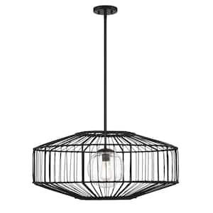 Marcy 60-Watt 1-Light Matte Black Pendant Light with Clear Seeded Glass and Rattan Shade, No Bulbs Included