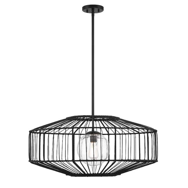 Marcy 60-Watt 1-Light Matte Black Pendant Light with Clear Seeded Glass and Rattan Shade, No Bulbs Included