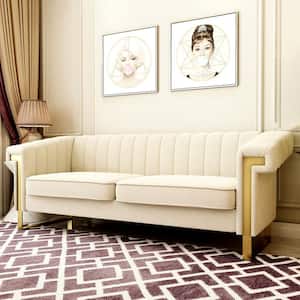 83.86 in. Transitional Velvet Sofa with Removable Cushion in Beige