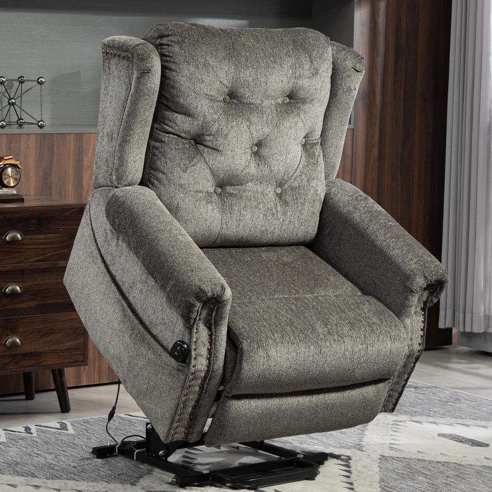 Grey Retro Chenille Power Lift Recliner with Nailhead Trim