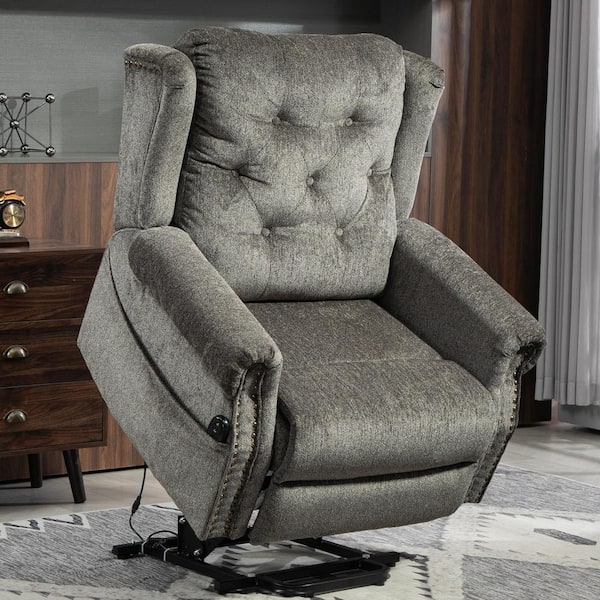 Grey Retro Chenille Power Lift Recliner with Nailhead Trim