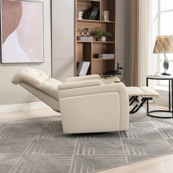 White 270° Swivel PU Leather Power Recliner with Tray Table, Phone Holder, Cup Holder and USB Port