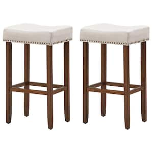 29.5 in. Backless Beige Nailhead Wooden 29.5 in. Bar Stools with Padded-Seat (Set of 2)