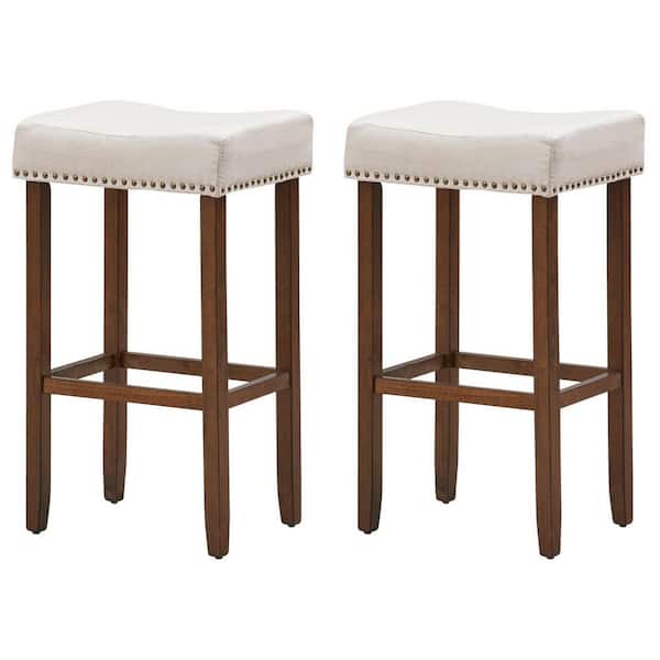 FORCLOVER 29.5 in. Backless Beige Nailhead Wooden 29.5 in. Bar Stools with Padded-Seat (Set of 2)