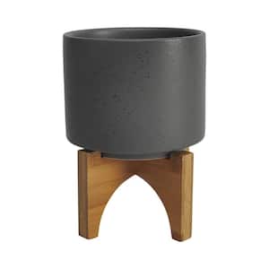7 in. Gray Small Planter with Textured Ceramic and Wooden Stand