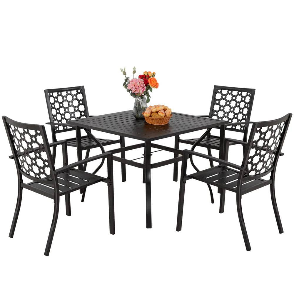 MEOOEM 5 Piece Outdoor Patio Square Dining Table Set, Metal Bistro Table  with 1.57 Umbrella Hole and 4 Wrought Iron Chairs MEOGFC04-5SET - The Home  Depot