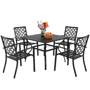 5 Piece Outdoor Patio Square Dining Table Set, Metal Bistro Table with 1.57" Umbrella Hole and 4 Wrought Iron Chairs