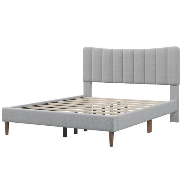 Donason Gray Wood Frame Queen Platform Bed with Vertical Channel Tufted Headboard