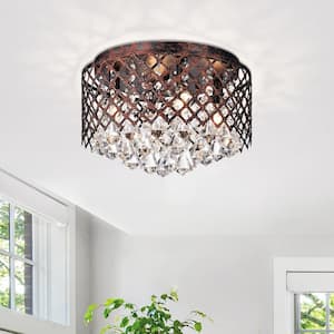 13.5 in. 4-Lights Antique Red Copper Finish Flush Mount Ceiling Light with Lattice Drum Shade and Clear Crystals