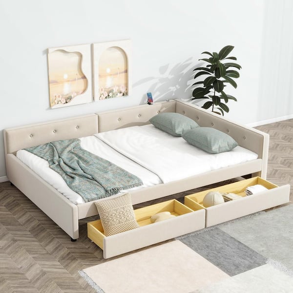 Harper & Bright Designs Beige Wood Frame Full Size Linen Upholstered Platform Bed with USB Ports and 2 Storage Drawers