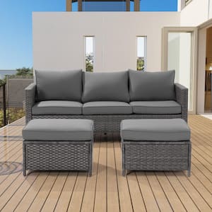 3-Piece Grey Rattan Patio Sofa Set Outdoor Furniture Set 3-Seat Sofa Ottomans With Cushions, Gray