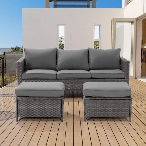 Sonkuki 3-Piece Grey Rattan Patio Sofa Set Outdoor Furniture Set 3-Seat Sofa Ottomans With Cushions, Gray